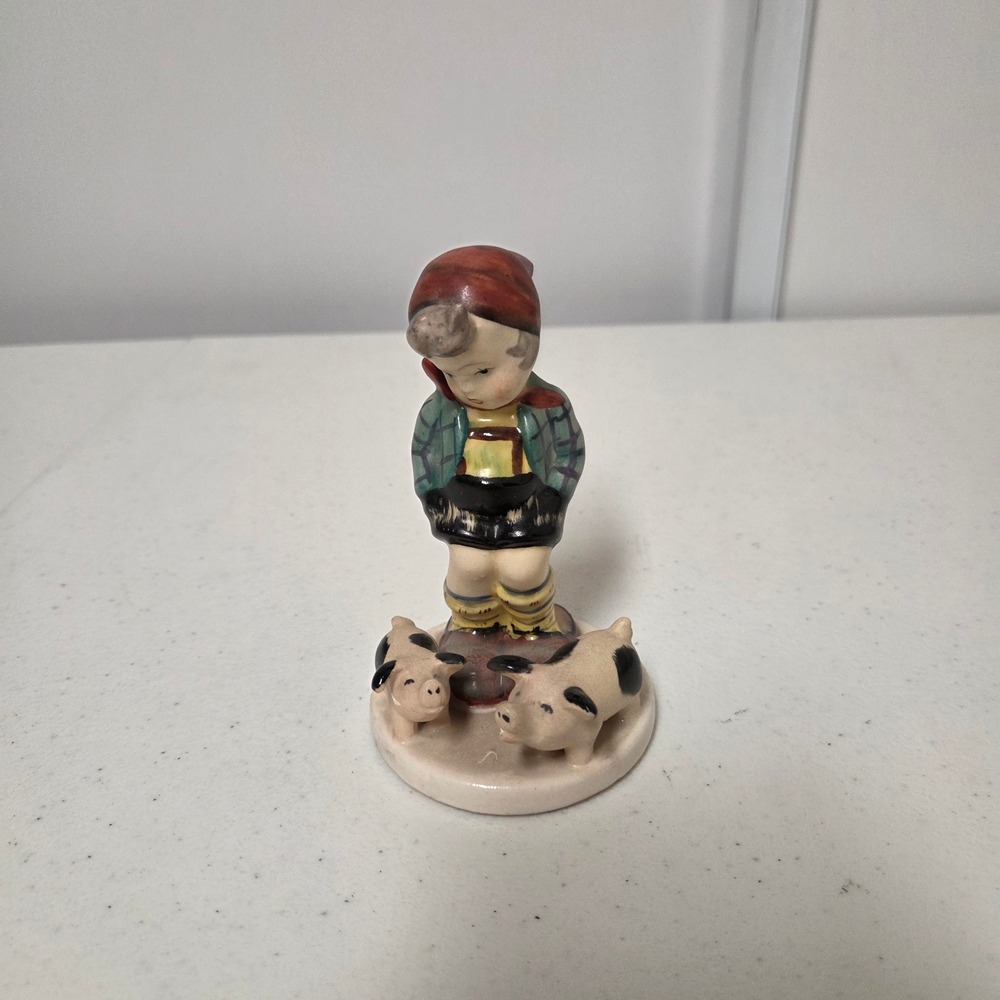 Vintage Hummel Style Ceramic Figurine Boy with Pigs Farmhouse Decor 4.75 Inch